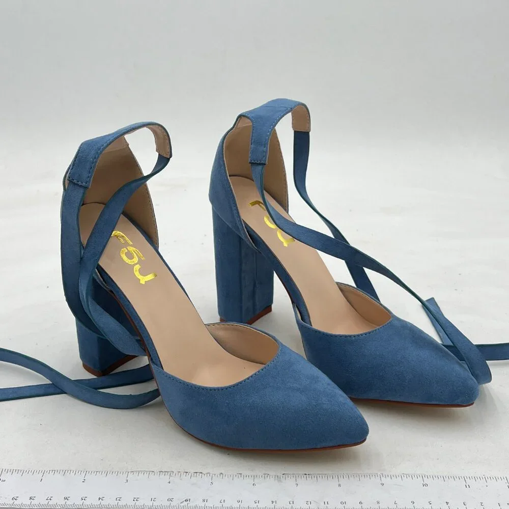FSJ Steel Blue Faux Suede Chunky Heel D'Orsay Pointed Toe Ankle Strap Pump - Picture 4 of 8